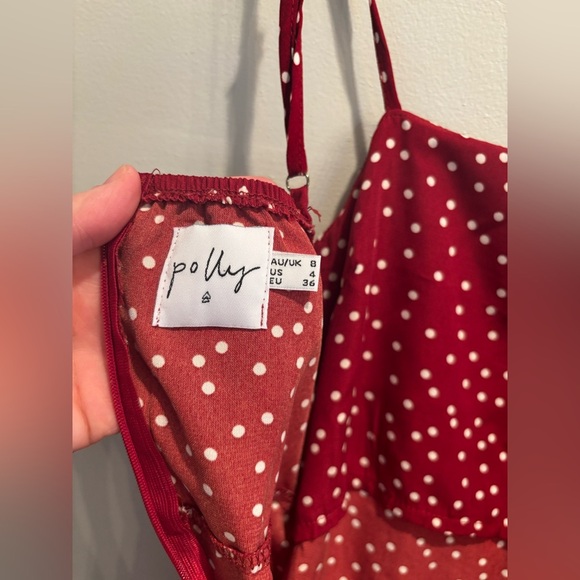 Princess Polly Burgundy Polka Dot Mini Dress short ruffle cottage core vacation - Picture 11 of 12